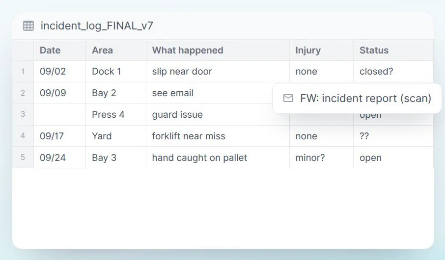 An incident log kept in a spreadsheet, chased by email