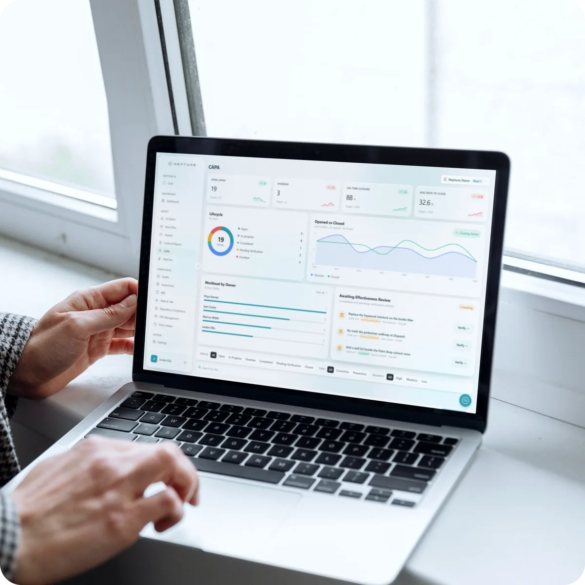 Neptune CAPA record with owners, due dates and verification open on a laptop